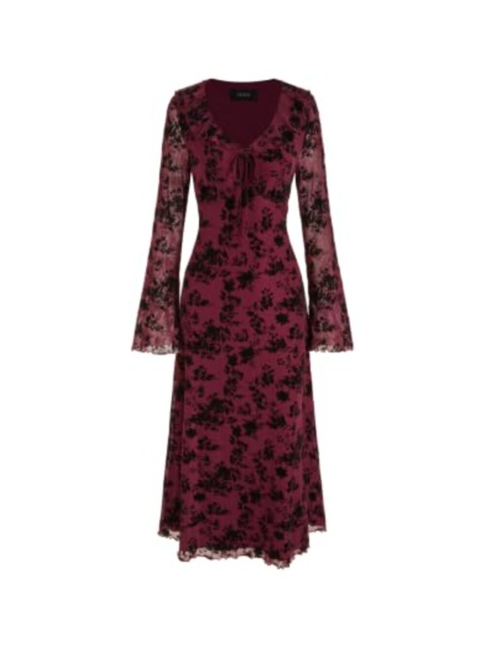 Floral Velvet Mesh Maxi Dress Long Sleeve V-Neck Ruffle Wedding Guest